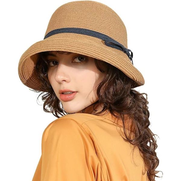 (Khaki + Smoky Gray) 2-delt bredskygget dame solhat, elegant struktur buet tweed strand stra