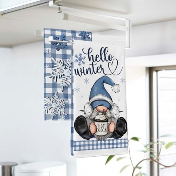 Sæt med 2 Vinterblå Nisse Køkkenhåndklæder, 40x60cm, Snuggle up Gnomies Snefnug Håndtørring Bage Klud, P