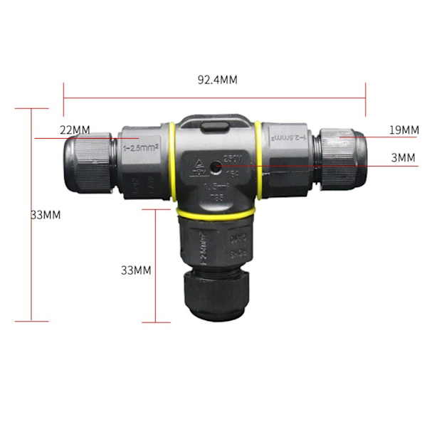 2 stk. Premium Junction Boxes T-formet 4～9mm (Sort, PA66), 3-polet kabelforbindelse, IP68 vandtæt Conn