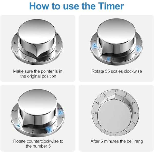 Mekanisk køkkentimer, adsorberbar magnetisk timer, genanvendelig vandtæt rustfrit stål timer, 60 M
