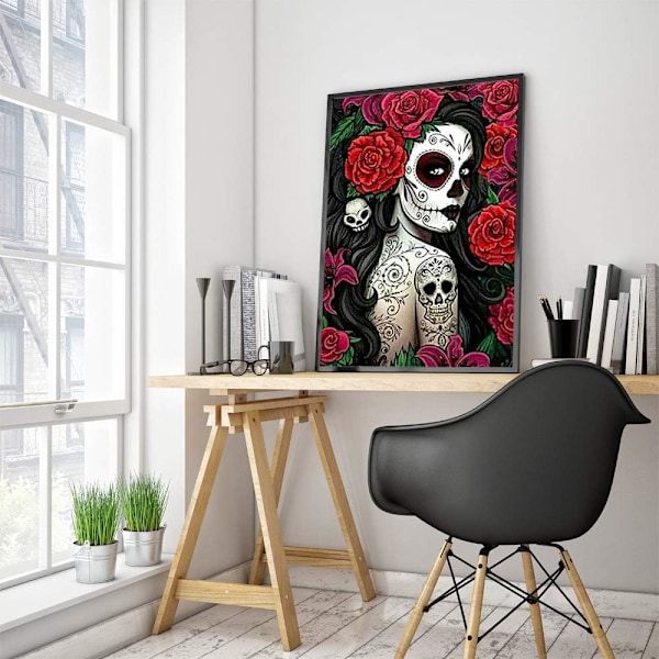 30*40 CM Halloween-timanttimaalaustaide aikuisille, vaaleanpunainen kallotyttö, täysi pyöreä timanttiporanteräsarja