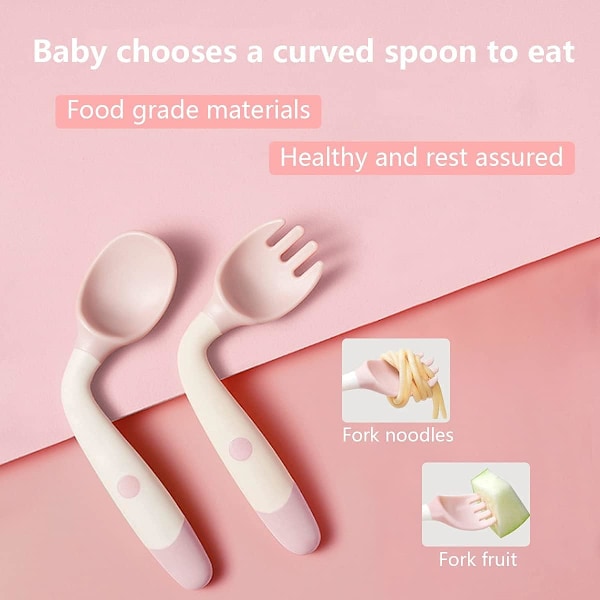 2 stk. (pink) Træningsske og gaffel til spædbørn, fleksibel og varmebestandig let at gribe læringsske, børnegaffel
