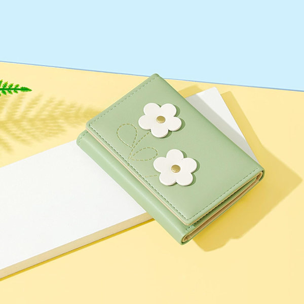 (GRØN) Lille Sød Pung til Pige Kvinder Blomst Tri-Fold Slim Punge Kontant Lomme PU Læder Kort Holder Møntpung med