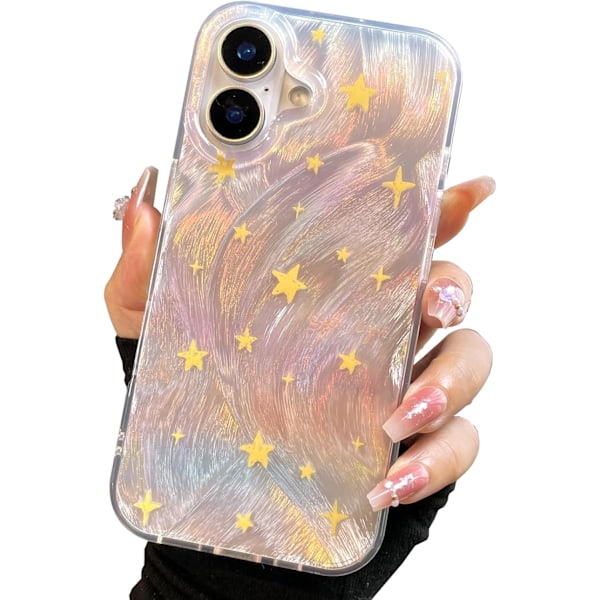 Kompakt etui til iPhone 16 Glansfuld Fade Star Design, Sød Trendy Blød Slim TPU Stødsikker Beskyttende Telefon Etuier Cover til