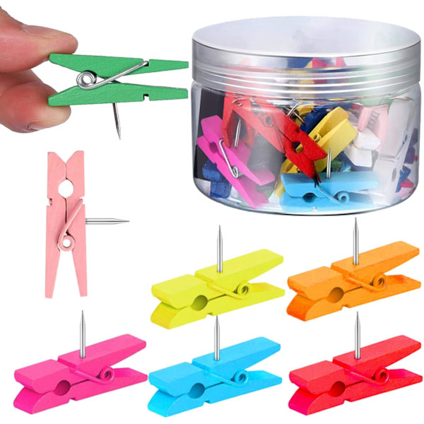 50 Multifarvede Push Pins Sæt med Træclips, Holdbar Træ
