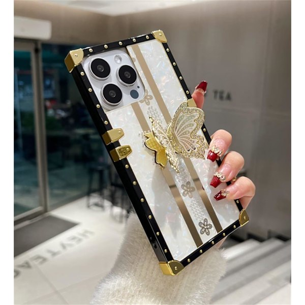 Glitter Diamond Butterfly Kickstand-fodral för iPhone 16 Pro Max, Lyxigt Bling Rhinestone Blommigt Fyrkantigt Mjukt TPU Stötskydd
