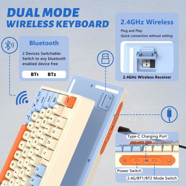 M87 80 % trådlöst speltangentbord, 87 TKL RGB-nycklar, SA PBT mekanisk känsla, Bluetooth/2,4 Ghz Dual Mo