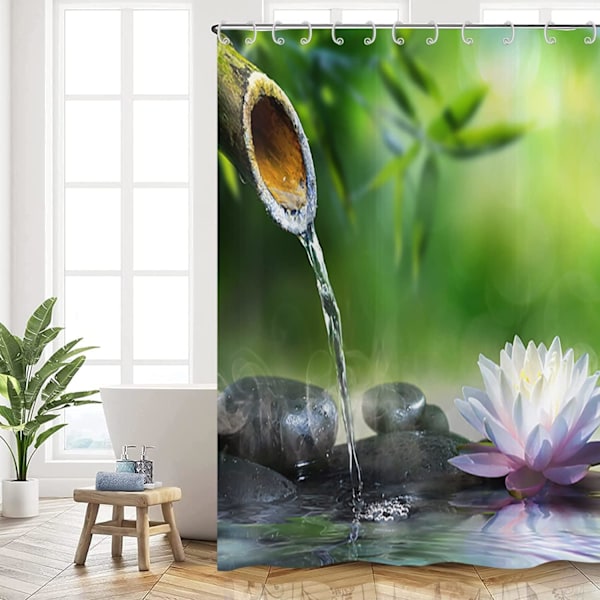 Zen Have Bruseforhæng 120x180, Grøn Bambus Sort Sten Hvid Blomst Badeforhæng Japansk Meditation Afslapning Vandtæt Stof Vaskbart Bade C