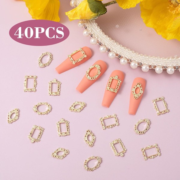40 st 3D Nagelberlocker i Metall, Gotiska Nagelkonstberlocker med Ram, Nageljuveler Konstdekoration för Kvinnor Flickor Akryl Nagel DIY Hantverksdesign Manikyr Tillbehör
