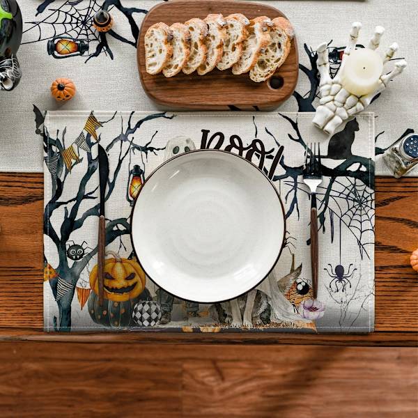 Sett med 4 Spøkelsesgresskar Tre Hund Boo Halloween Plassmatter, 12x18 Tommer Sesongmessig Høstferie Bordmatter for Fest Kjøkken