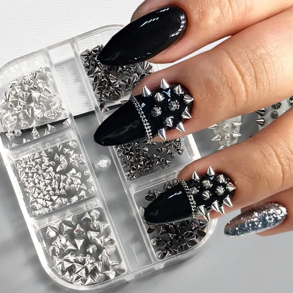 Glänsande Nagelberlocker i Legering för Akrylnaglar Mini Nagelkonst Nitar Svart och Silver Blandade Nagelstrass Söta Nagelsmycken och Ädelstenar DIY Hantverk Nagelkonst C