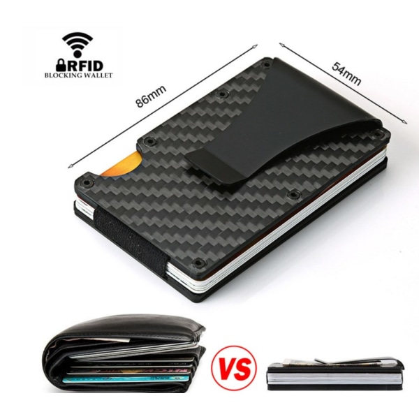 8,6 x 5,4 x 1,2 cm Carbon Fiber kreditkortholder med metal pengeklemme, slank RFID-blokeringskortholder
