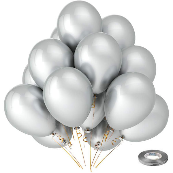 100 kappaletta metallihohtoisia hopeisia kromilateksipalloja, 12 tuuman pyöreitä helium