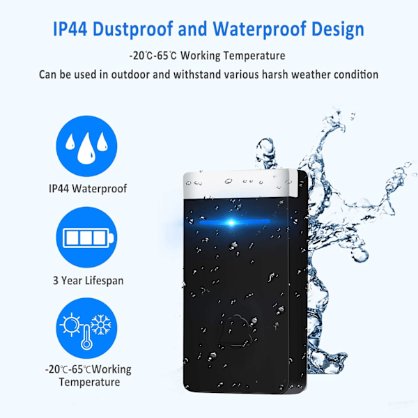 [Ingen Batterier Kreves] Trådløs Dørklokke, Vanntett Elektronisk Dørklokke-Kitt med 2 Pluggbare Mottakere, 150M Rekkevidde