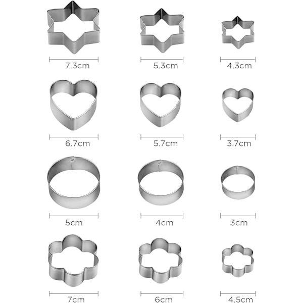 12 kpl evästeleikkuria, ruostumattomasta teräksestä valmistettuja keksi- ja leivonnaisleikkuria kekseille, kakuille, evästeille, makeisille 5×3×4cm