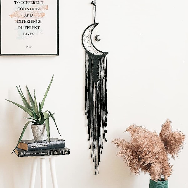 Sort Månedrøm Fangst med Håndlavet Vævet Bomuld Drømfanger Boho Makramé Væghængning Hjem Dekoration Ornament Cr