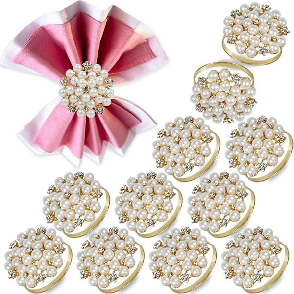 Set med 12 elegante perlenapkinringer, serviettholderring metallspenner for borddekorasjon