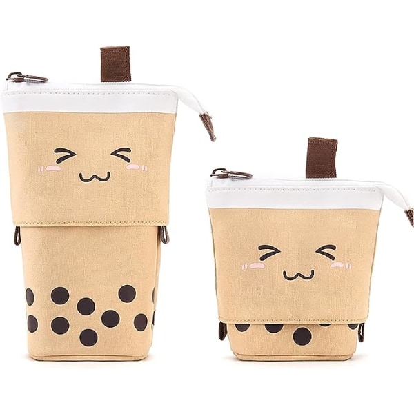 1pc Brown Durable Canvas Telescopic Pencil Case with Cute Milk Te