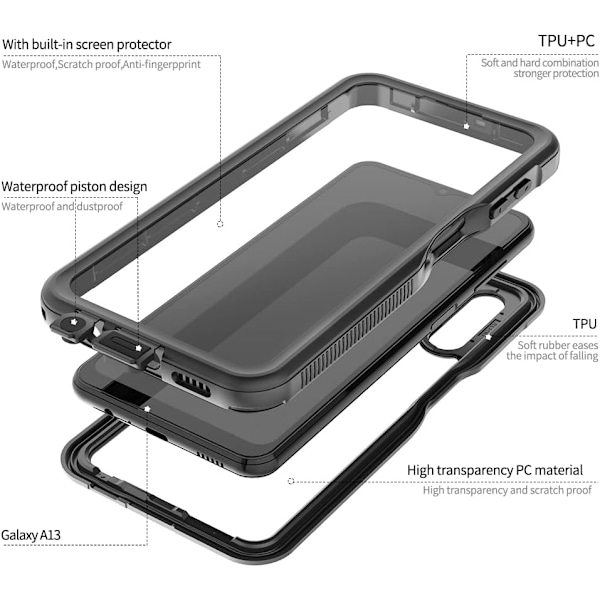 (Svart) Vattentätt fodral för Samsung Galaxy A13 5G med inbyggt skärmskydd - Robust helkropp, vattentätt, dammsäkert