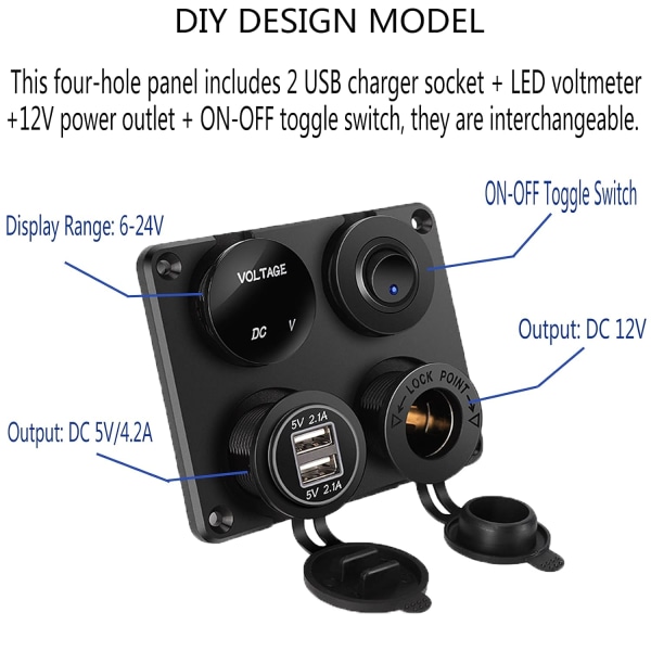 4 i 1 bil laddare strömbrytare panel, dubbla USB laddare funktion + LED voltmeter + på/av vippströmbrytare +