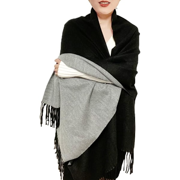 (NIOR+GRÅ) Dame Kasjmirskjerf Vinter Reversibel Pashmina