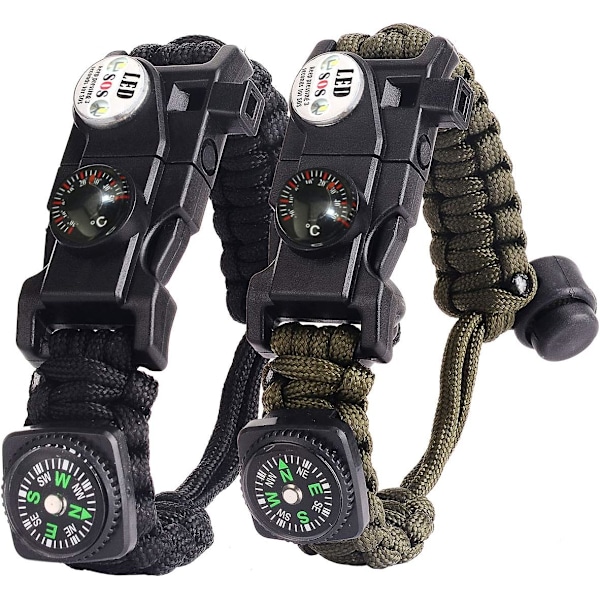 Pieces Paracord Selviytymisranneke miehille ja naisille, sotilaallinen Paracord-rannekesarja piikivellä + kompassilla + lämpömittarilla + pillillä + LED-valolla ulkoiluun,