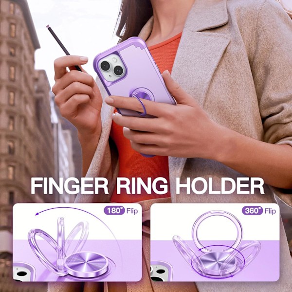 1 stk iPhone 15 Cover med 360° Ring Stativ, 2 i 1 Stødsikker Ultra-tynd Hybrid Heavy D Light Purple