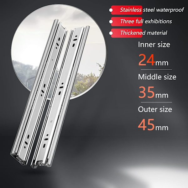 1 par skuffeskinne (450 mm), belastningskapacitet op til 45 kg, rustfrit stål med anti-rust finish, med ba