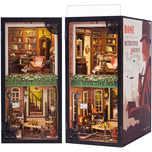 DIY Book Nook miniatyr dukkehussett med møbler og LED-lys, 3D trepuslespill, kunstbokstøtter,