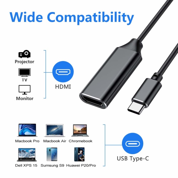 Sort USB Type C til HDMI 4k-adapter (Thunderbolt 3-kompatibel)