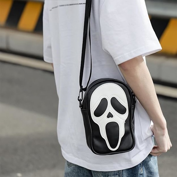 Sort skuldertaske, Halloween spøgelses pung, PU læder mobiltelefon pung, gotisk kranie crossbody b