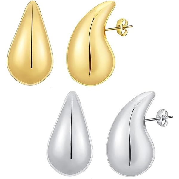 2 par vattendroppsörhängen för kvinnor, guldtjocka silverpläterade vattendroppsörhängen, Hypoall