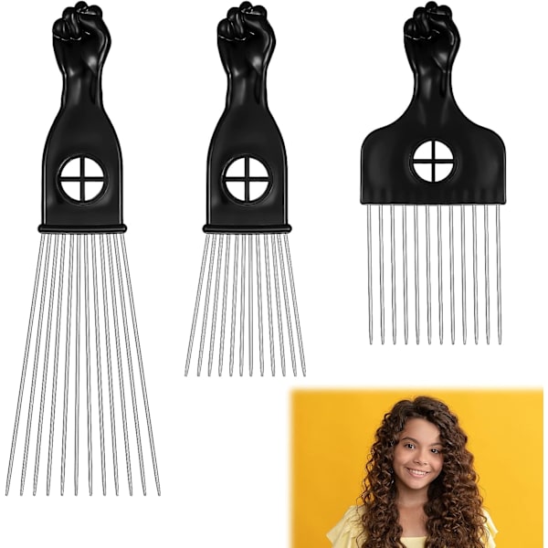 3-pack Afrokam i metall i olika längder