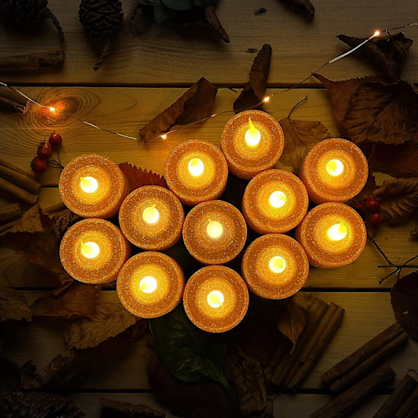 12-pack batteridrivna guld LED-värmeljus med inbyggd 6/18 timer, flimrande orange låga