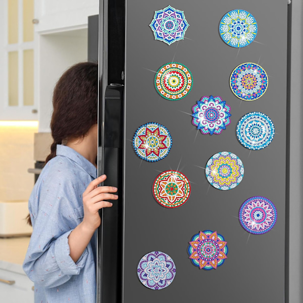 12 kpl Jääkaapin Timanttimaalausmagneetteja - Helppo DIY-setti aikuisille - Klassiset Mandala-kodin sisustukset