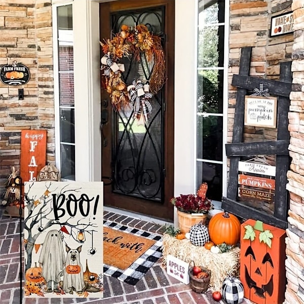 1 stk Halloween Boo Haveflag Spøgelseshund Spooky 12x18 tommer Dobbeltsidet Ude, Burlap Velkommen Ferie Have Udendørs D