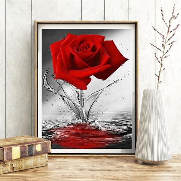 DIY Diamantmaleri Blomst Rose Abstrakt Sort Og Rød Diamant