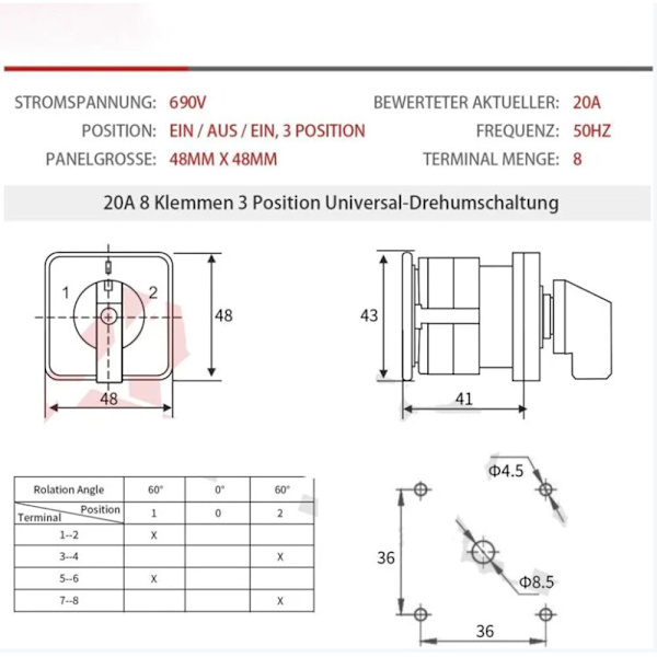 Universal Rotary Cam 20A 3 Position 8 Terminals 690V Cam Changeover Switch