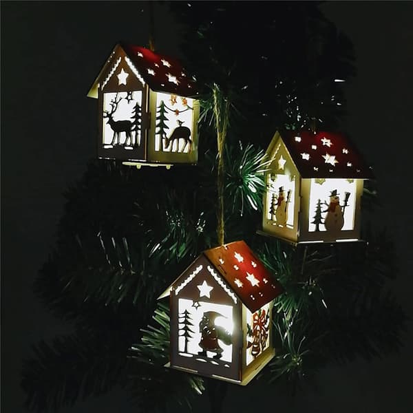 Julgran Trä Hus LED-ljus, Jultomte Snögubbe Älg Il