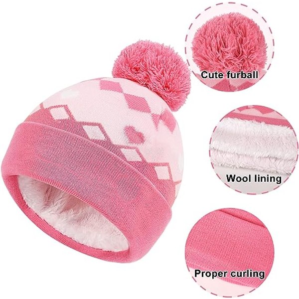 Vaaleanpunainen 2-6-vuotiaille lapsille tarkoitettu 3-in-1-hattu, huivi ja käsineet - neulottu
