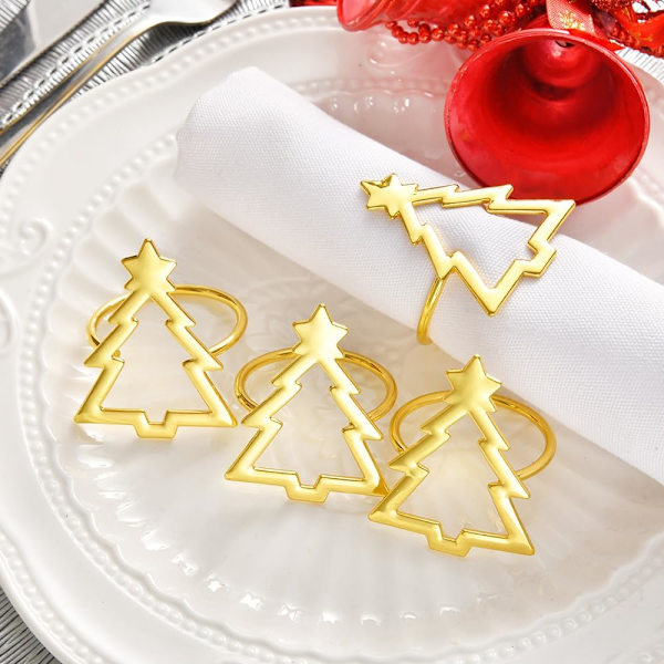 Sæt med 6 Guld Servietringe Juletræ til Julemiddagsbord, Bryllup, Thanksgiving, Fest, Hjemmesæt