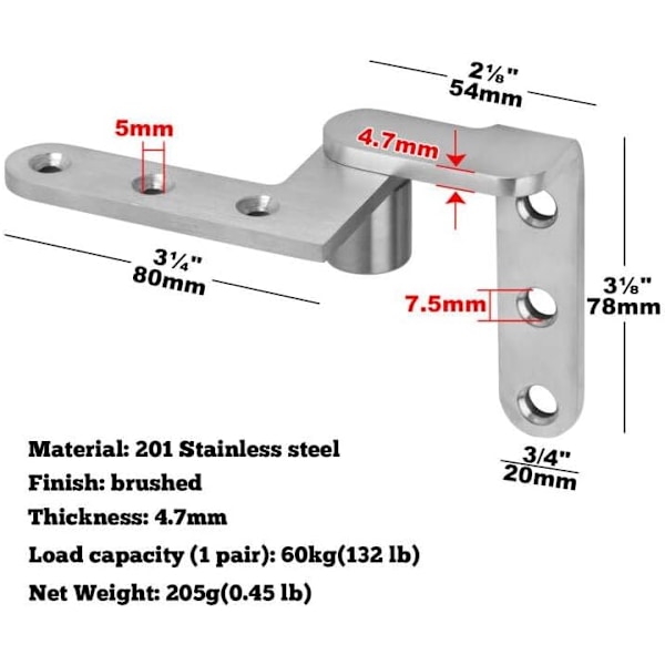 4 stk. Pivot Dørhængsler, Rustfrit Stål Indsats 270 Grader Aksel Offset Belastning 132lb Tykkelse 4,7 mm, 2 x Venstre, 2 x Højre