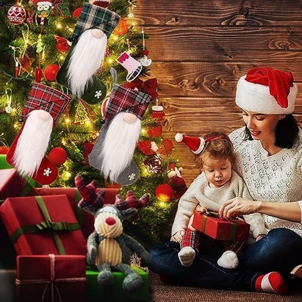 Sett med 3 Jule Strømper, Store Rutete Juleromper, Klassiske Juleromper, Dekorerte Godteposer til Jul