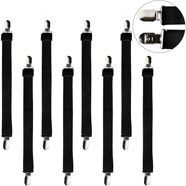 Sett med 8 sengetilbehør, justerbar lakenstrammer, elastisk lakenstropp for laken, sofa, strykebretttrekk