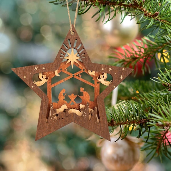 11,9×11,4×0,8cm Julekrybbepynt, Juler Tre Hengepynt Stjerneformet Julekrybbe Souvenir til Jul