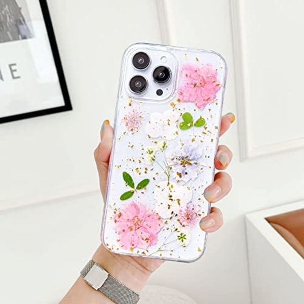 Designat för iPhone 13 Pro Max Pressad Blomma Case, Söt Bling Glitter Sparkle Klar med Design Mjuk Silikon TPU Gummi