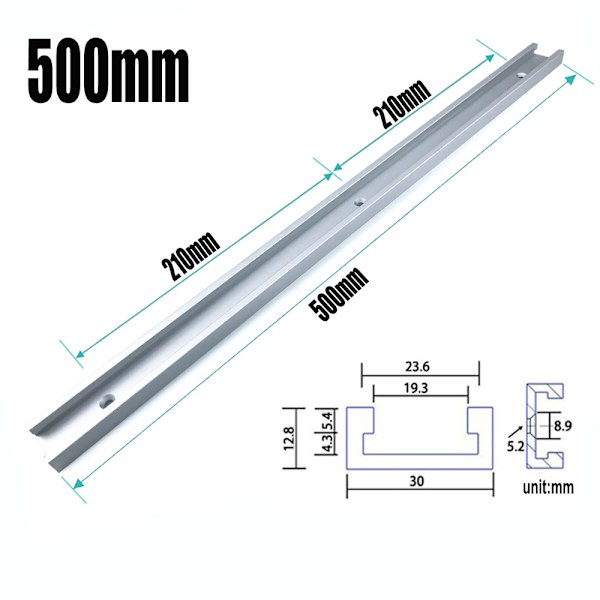 T-kisko pöytäsahaa varten - hopea, reititin ja puuntyöstötyökalut 500mmx30x12.8mm
