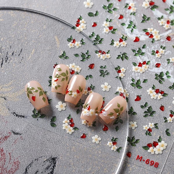 1 ark Vita Blommor Nagelstickers för Nagelkonst Vårblommor Nagelkonst Stickers 5d Präglade Blommiga Nageldekaler Självhäftande Gröna Blad Nageldesigner