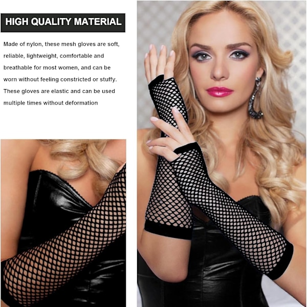 Pairs Fishnet-hanskat, Pitkät ja Lyhyet Fishnet-hanskat Verkkohanskat, Pitkät Joustavat Sormettomat Pitkät Verkkohanskat, Musta Fishnet