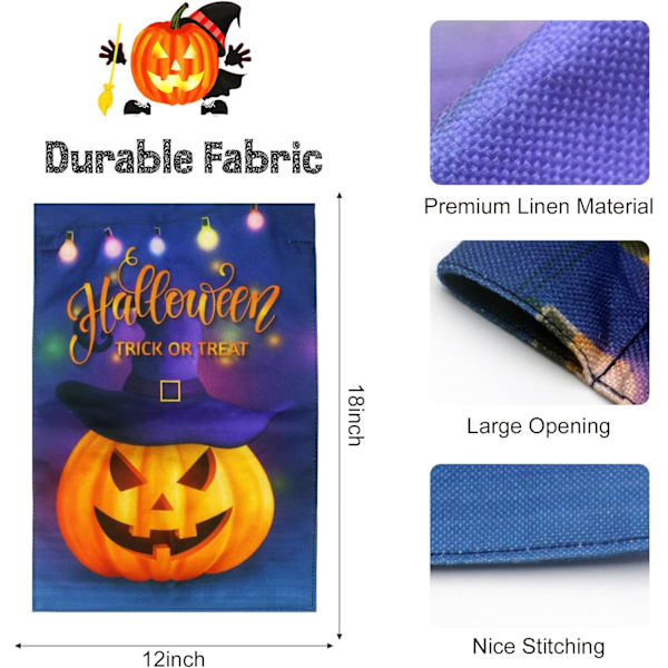 Halloween LED-belyst hageflagg, dobbeltsidig solcelledrevet hageflagg, vertikal Halloween gresskarlykt husflagg